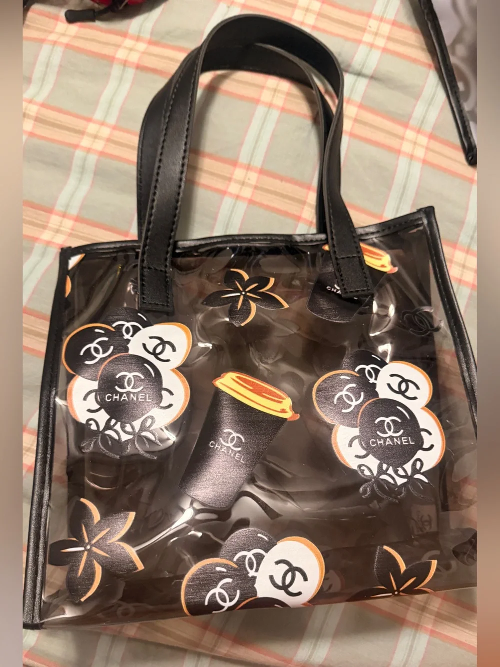 Designer-Inspired Clear Tote and Cosmetic Pouch Set - Black & Brown Accents
